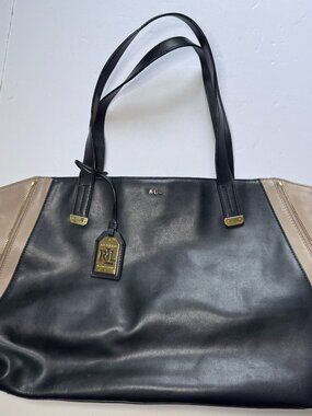 Lauren Ralph Lauren Guilford Leather Expandable Black Tan Tote Shoulder Bag Logo